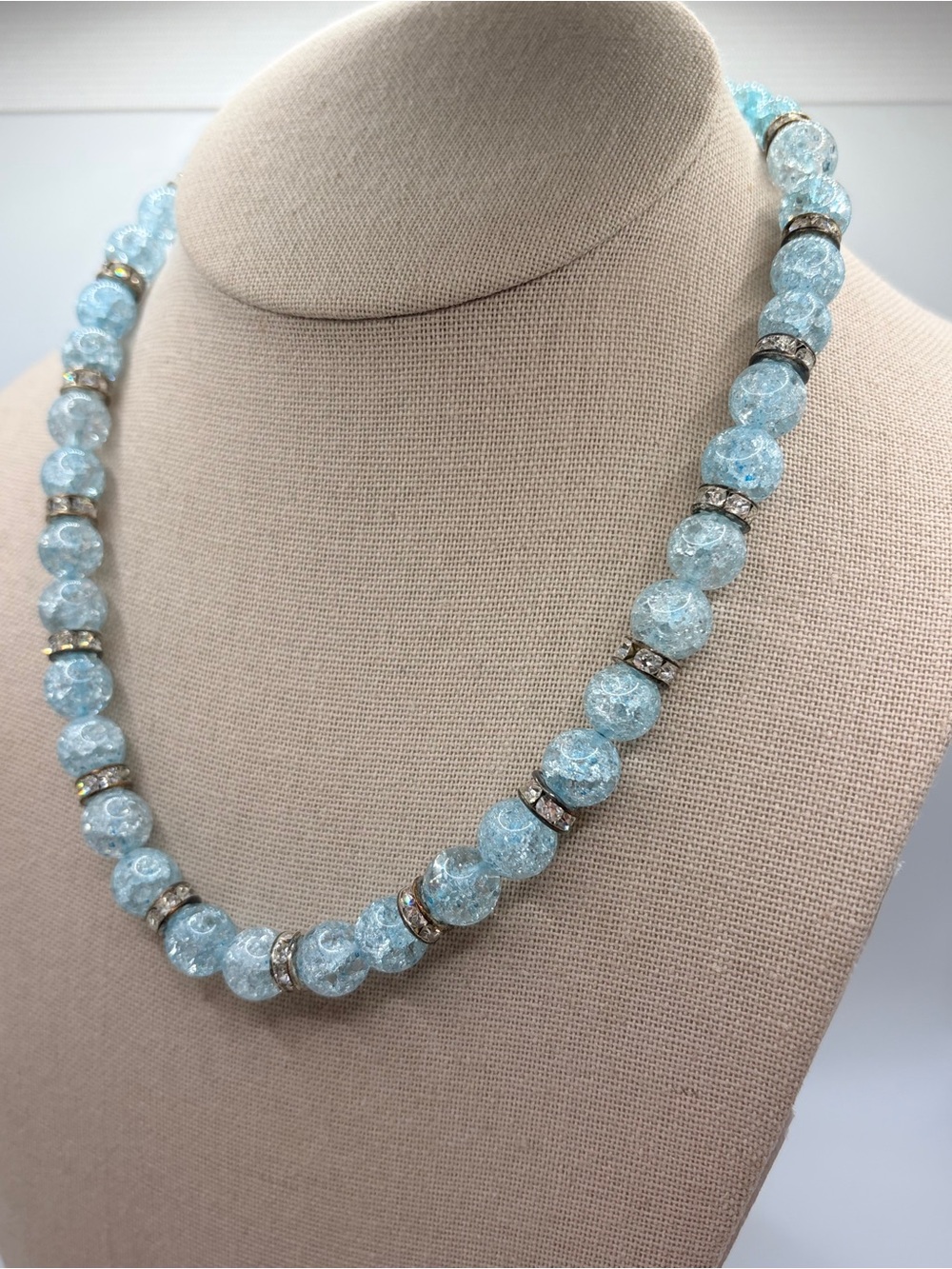 Sparkling Blue Crackle Glass Bead Necklace with Rhinestone Spacers